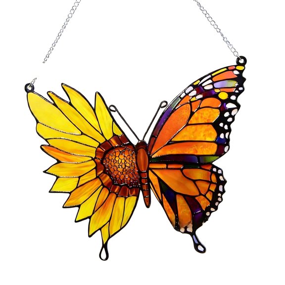 Stained Glass Window Butterfly Suncatchers Colorful Glass Panel with Metal Chain for Garden Balconys Ornament