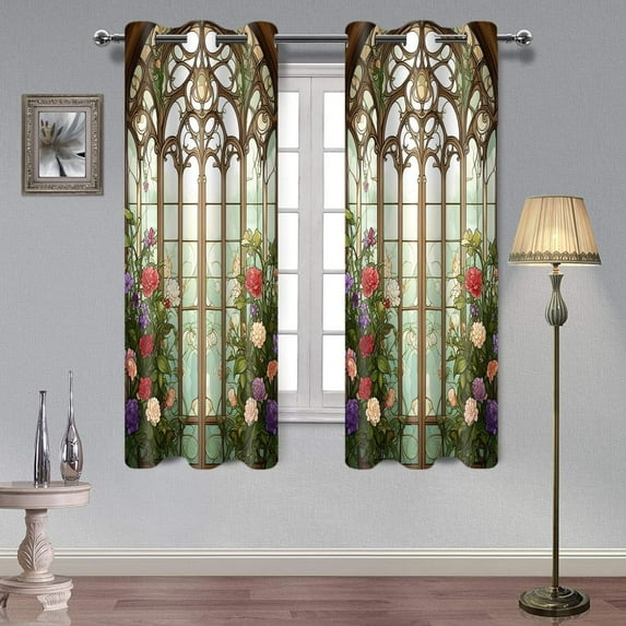 Stained Glass Window Curtain Flower Plant Curtain Floral Botanical Vintage Drapes Blackout Noise Reduction Curtains For Bedroom Living Room Decor-42"W x 84"L (Pack of 2)