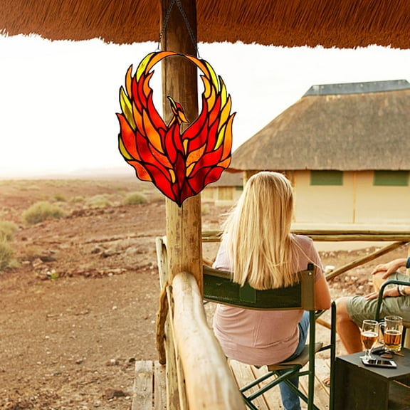 Stained Glass Window Decoration, Czzoypi Vibrant Red Flame Phoenix Design, Acrylic Hanging Pendant for Home Gift 20.5cm x 17.5cm