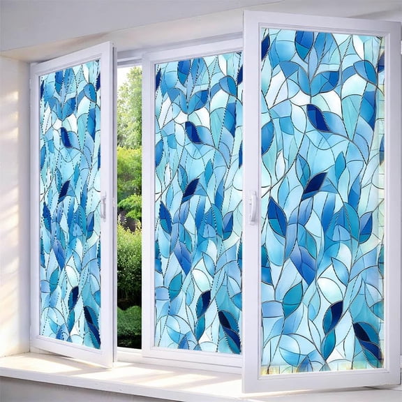 Stained Glass Window Film Blue Leaf Pattern 17.7 x 39.3 Inch | Mosaic Decorative Privacy Window Film Static Cling Sun Blocking Decor Removable for Living Room Bathroom Home Privacy Glass