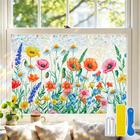 Stained Glass Window Film Floral, Static Cling, 17.5" x 78.7"