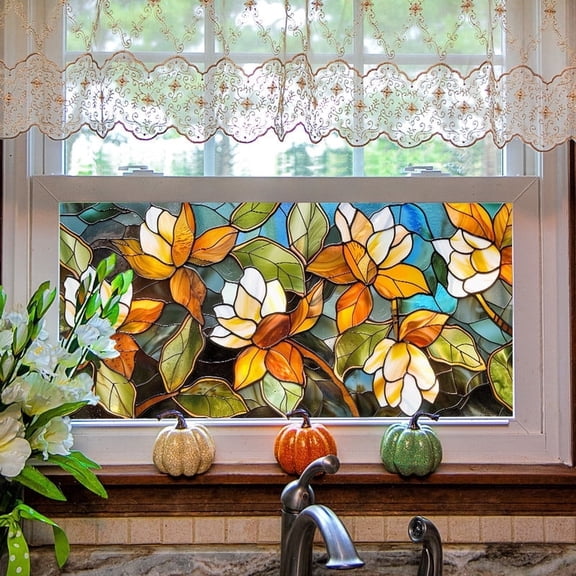 Stained Glass Window Film, Flower Static Cling Privacy Film Decorative UV Sun Blocking Non-Adhesive Glass Covering, Removable Reusable Colorful Stickers for Home Bathroom Door Living Room Kitchen
