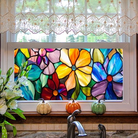 Stained Glass Window Film, Flower Static Cling Privacy Film Decorative UV Sun Blocking Non-Adhesive Glass Covering, Removable Reusable Colorful Stickers for Home Bathroom Door Living Room Kitchen
