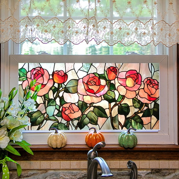 Stained Glass Window Film, Flower Static Cling Window Privacy Film Decorative UV Sun Blocking Non-Adhesive Glass Window Covering for Home Bathroom
