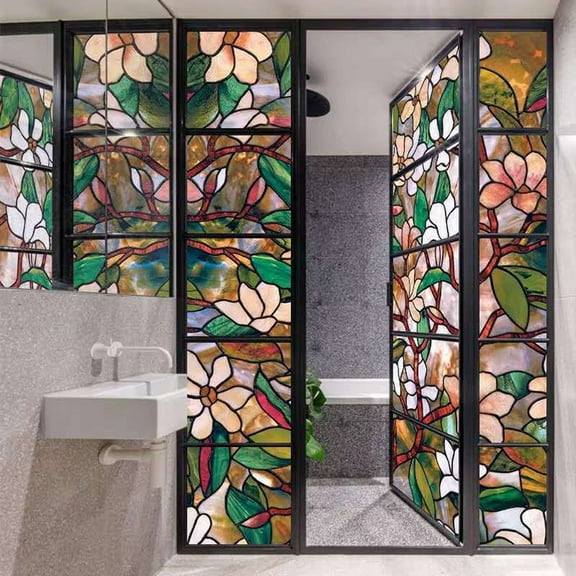Stained Glass Window Film Privacy Frosted Glass Film Static Cling Glass Sticker,Non Adhesive Window Film Flower Decorative for Home Office