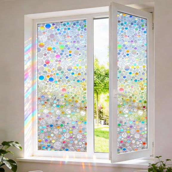 Stained Glass Window Film Rainbow Window Privacy Film,Iridescent Transparent Buble Decor Static Cling 91% UV Heat Blocking Window Sticker for Home(17.5 x 78.7 Inch)