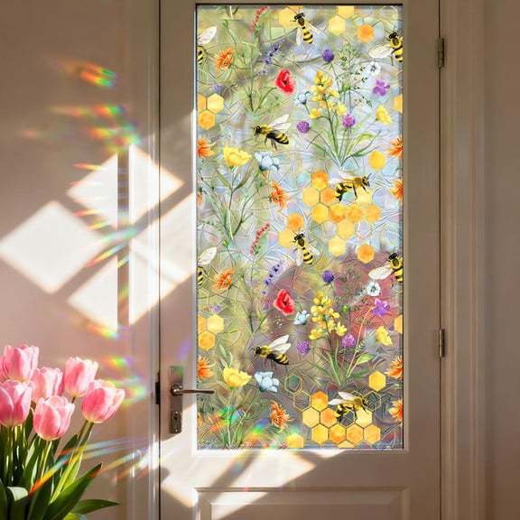 Stained Glass Window Film Rainbow Window Privacy Film,Iridescent Transparent Buble Decor Static Cling 91% UV Heat Blocking Window Sticker for Home(17.8 x 40 In)