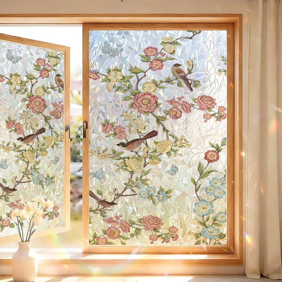 Stained Glass Window Film, Window Privacy Film, Decorative Static Clings, Floral Patterned Sun Blocking Glass Sticker for Home Office Bathroom