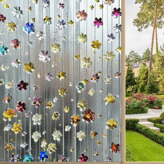 Stained Glass Window Film Window Privacy Films Blackout Window Tint, Rainbow Glass Decals Stickers for Home Anti Uv Silver Flower Stained Glass(1)