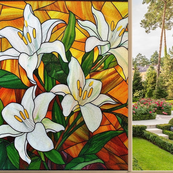Stained Glass Window Film Window Privacy Films Blackout Window Tint, Rainbow Glass Decals Stickers for Home Anti Uv White Lilies (1)