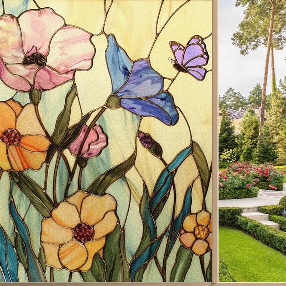 Stained Glass Window Film Window Privacy Films Blackout Window Tint, Rainbow Glass Decals Stickers for Home Anti Uv White Lilies (5)