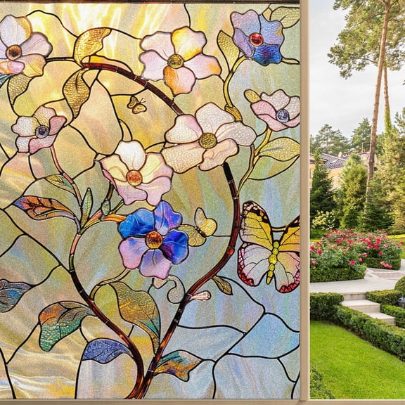 Stained Glass Window Film Window Privacy Films Blackout Window Tint, Rainbow Glass Decals Stickers for Home Anti Uv White Lilies (6)