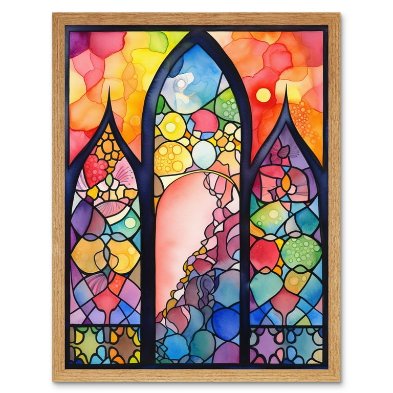 （特別価格）Stained Glass Window Stained Glass Window Folk Art Abstract Art Print Framed Poster