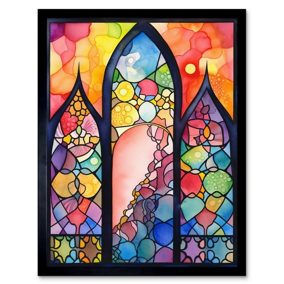 Stained Glass Window Folk Art Abstract Art Print Framed Poster Wall Decor 12x16 inch