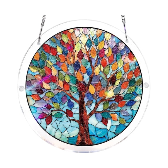 Stained Glass Window Hanging, 5.9 Inch Tree of Life Colorful Sun Catcher, 1 Piece Round Hanging Ornament for Home Window Wall Decor Holiday Gift