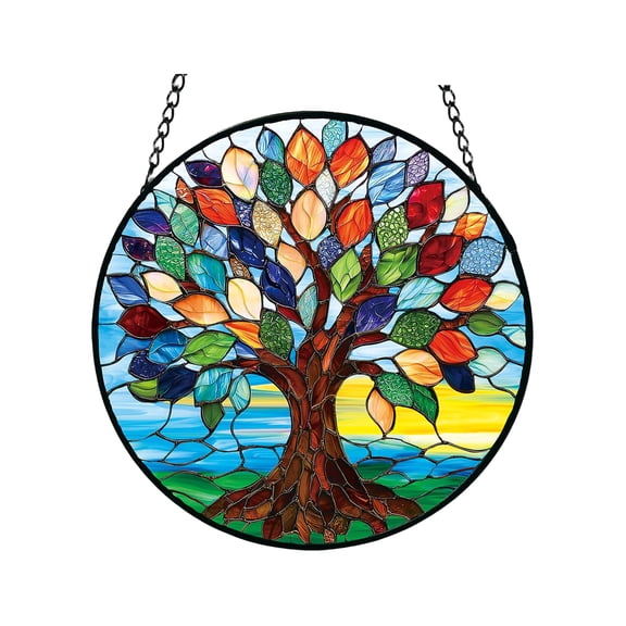 Stained Glass Window Hanging, 7.5-inch Colorful Tree Plant Scenery Suncatcher for Door Home Decor, Valley Sunrise Sun Catcher Ornament for Birthday Gifts