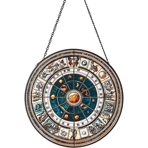 Stained Glass Window Hanging, 7.87" Sun Catcher with Printed Zodiac Wheel  Celestial Sun and Planet Design, Vintage Astrological Indoor Wall Art for Window & Wall Decor, Suncatcher Gift