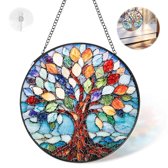 Stained Glass Window Hanging 7.9 in Colorful Tree of Life Sun Catchers Glass Panel Blue Suncatcher Decor for Birthday for Women, Men Wife Aunt and Mom