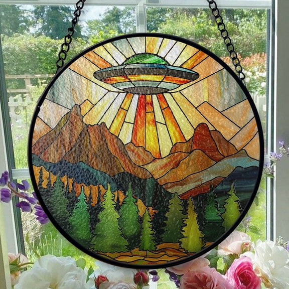 Stained Glass Window Hanging Alien Ufo - Stained Glass Window Hanging Alien Ufo, Festival Gift Ornament, Home Wall & Window Art, Brightens Any Space with Light