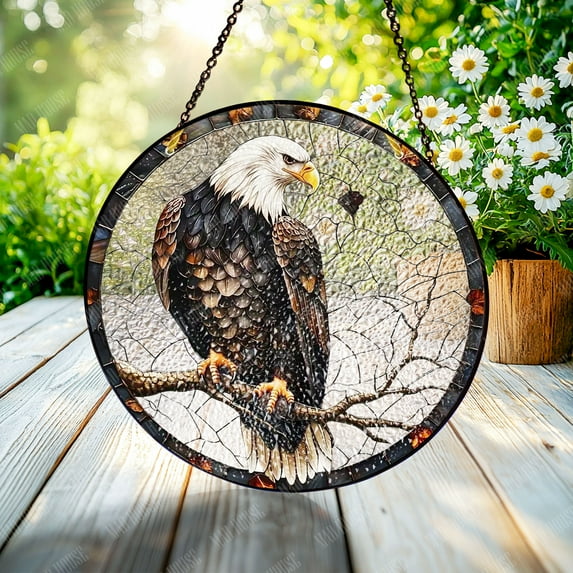 Stained Glass Window Hanging Art, Bald Eagle Acrylic 2D Design, Majestic Wildlife Decor, Perfect Gift for Nature Lovers, Patriotic Ornament, Elegant Decoration for Home, Office, or Car Interior