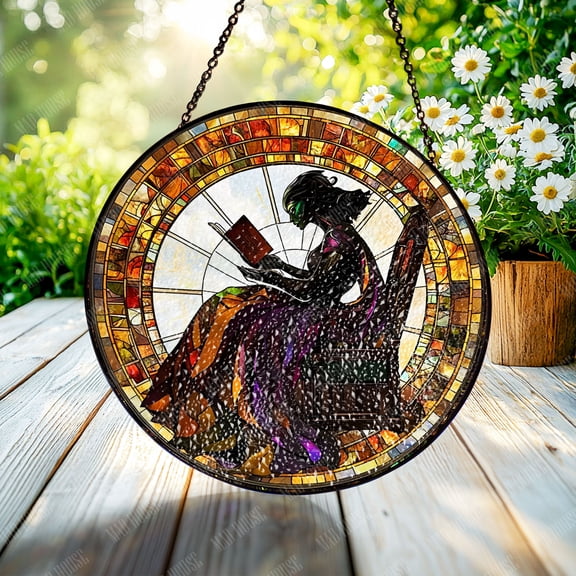 Stained Glass Window Hanging Art,Car Hanging ,Acrylic 2D Design, Woman Reading Book, Home Decor, Unique Gift for Book Lovers, Vintage Style Decoration, Colorful Ornament for Living Space