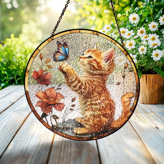 Stained Glass Window Hanging Art, Cute Kitten with Butterfly Acrylic 2D Design, Adorable Home Decor, Car Hanging Ornament, Perfect Gift for Cat Lovers, Bright and Colorful Decoration for Any Room
