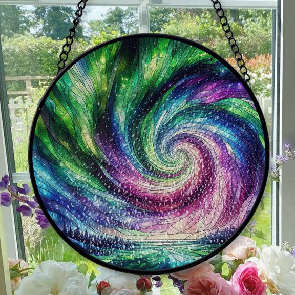 Stained Glass Window Hanging Aurora Borealis - Stained Glass Window Hanging Aurora Borealis, Christmas Ornament Gift, Elegant Art Glass Aesthetic, Year-Round Decorative Piece