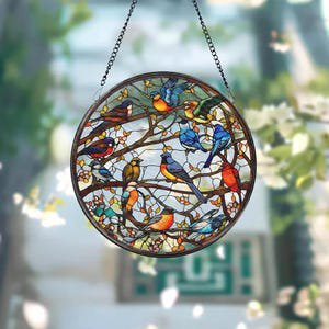 Stained Glass Window Hanging, Birds Stained Glass Suncatcher, Window Hanging Decor, Sunlight Catcher for Home Decor, Gift For Lover, 3.5 in