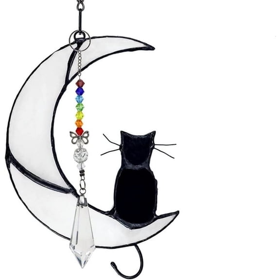 Stained Glass Window Hanging, Black Cat Decor Suncatcher for Window Hanging Ornament with Sun Crystal Catcher Cat on Moon Stained Glass Window Hanging Cat Suncatchers Indoor Window