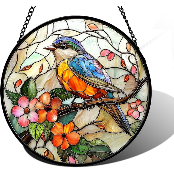 Stained Glass Window Hanging, Blue Bird Pink Flower Suncatcher Diamond Glass Panel Bird Sun Catchers Decor for Birthday for Women, Men, Wife, Aunt, and Mom