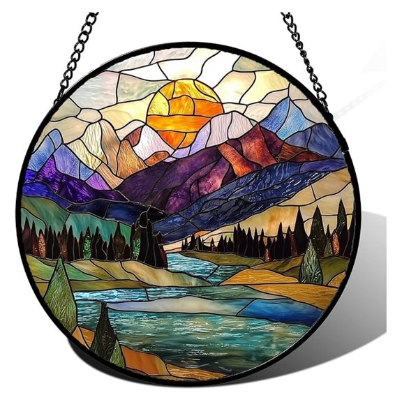 Stained Glass Window Hanging, Blue Lake Golden Sun Abstract Landscape Suncatcher for Doors Window Home Sun Catchers Decor Mother's Day Birthday Gifts for Women Men Mom 6.3 in