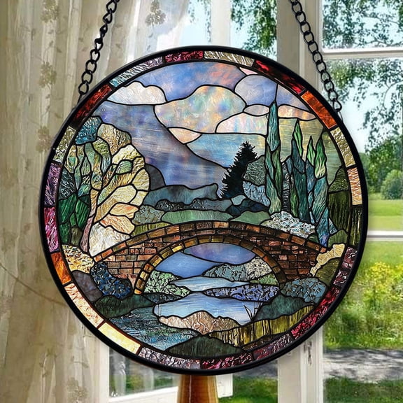 Stained Glass Window Hanging, Blue Landscape Arch Bridge Sun Catcher for Door Home Decor Suncatcher Christmas Mother's Day Birthday Gifts for Women Men Mom and Nana, Stained Glass