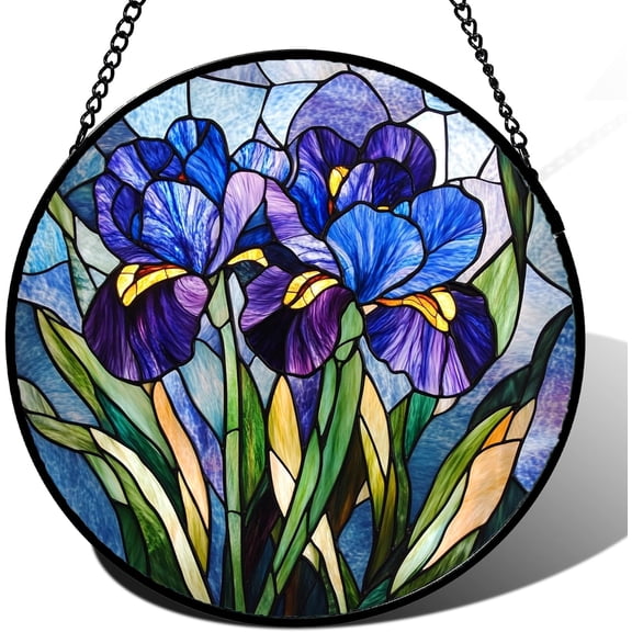 Stained Glass Window Hanging - Blue Purple Iris Flower Suncatcher for Door Garden Patio Sun Catchers Decor Christmas Mother's Day Birthday Gifts for Women Men Mom Nana Aunt Friend 6.3 in