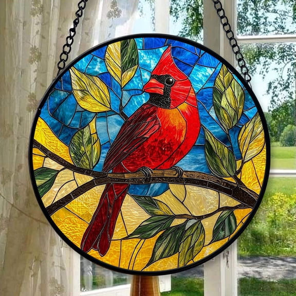 Stained Glass Window Hanging, Blue Sky Cardinal Sun Catchers Colorful Glass Panel Red Birds Suncatcher Decor for Birthday for Women, Men, Wife, Aunt, and Mom, Stained Glass