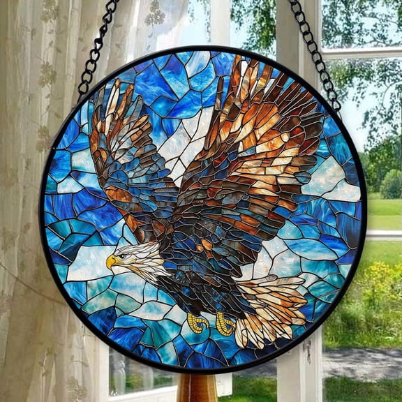 Stained Glass Window Hanging, Blue Sky Eagle Flying Sun Catchers Colorful Glass Panel Birds Suncatcher Decor for Birthday for Women, Men, Wife, Aunt, and Mom, Stained Glass