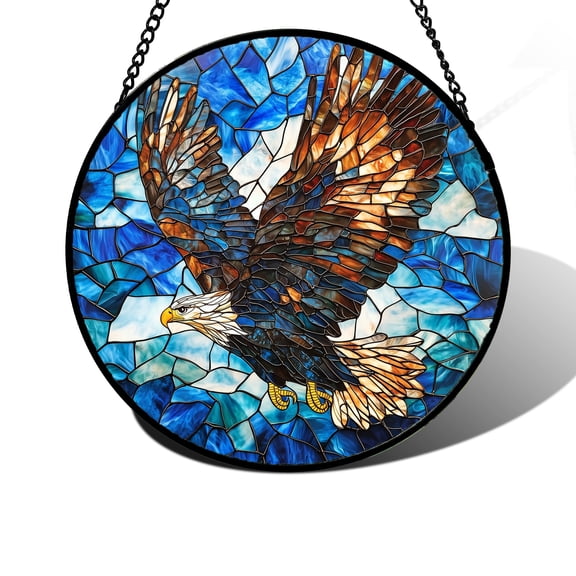 Stained Glass Window Hanging, Blue Sky Eagle Flying Sun Catchers Colorful Glass Panel Birds Suncatcher Decor for Birthday for Women, Men, Wife, Aunt, and Mom