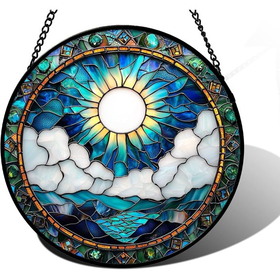 Stained Glass Window Hanging,Blue White Clouds Sun Landscape Suncatcher for Doors Home Sun Catchers Decoration and Christmas, Mother's Day Birthday Gifts for Women, Men, and Mom