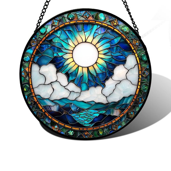 Stained Glass Window Hanging,Blue White Clouds Sun Landscape Suncatcher for Doors Home Sun Catchers Decoration and Christmas, Mother's Day Birthday Gifts for Women, Men, and Mom