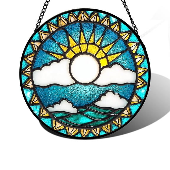 Stained Glass Window Hanging,Blue White Clouds Sun Suncatcher for Doors Home Sun Catchers Decoration and Christmas, Mother's Day Birthday Gifts for Women, Men, and Mom