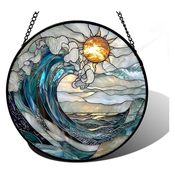 Stained Glass Window Hanging, Blue and White Suncatcher Glass Panel Landscape Sun Catchers Decor for Birthday for Women, Men, Wife, Aunt, and Mom 6.3 x6.3 in