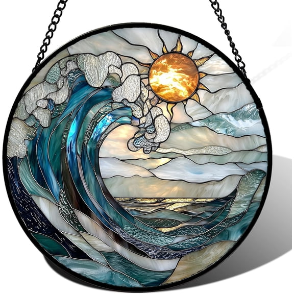 Stained Glass Window Hanging, Blue and White Waves Suncatcher Diamond Glass Panel Landscape Sun Catchers Decor for Birthday for Women, Men, Wife, Aunt, and Mom 14.9x14.9 in
