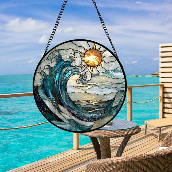Stained Glass Window Hanging, Blue and White Waves Suncatcher Diamond Glass Panel Landscape Sun Catchers Decor for Birthday for Women, Men, Wife, Aunt, and Mom 7.8 in