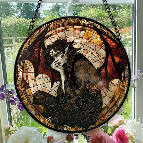 Stained Glass Window Hanging Brooding Vampire - Stained Glass Window Hanging Brooding Vampire, Christmas Ornament Gift, Elegant Art Glass Aesthetic, Year-Round Decorative Piece