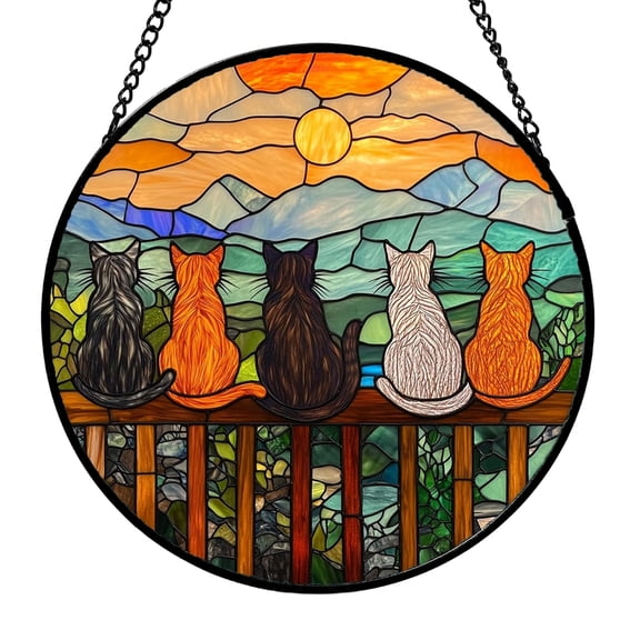 Stained Glass Window Hanging Cat Motif Suncatcher for Indoor Garden Kitchen Sunroom Home Decoration Art Ornament
