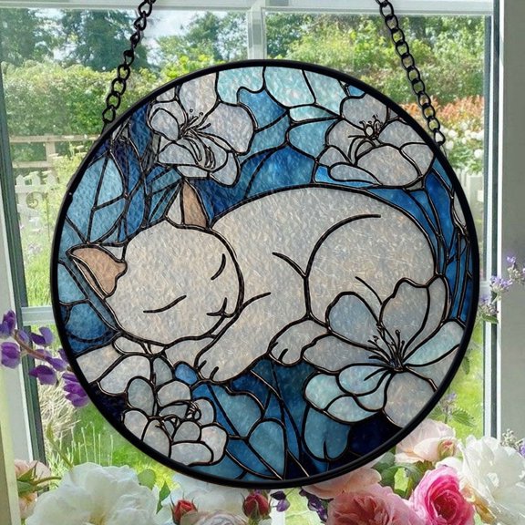 Stained Glass Window Hanging Cat - Stained Glass Window Hanging Cat, Festival Gift Ornament, Home Wall & Window Art, Brightens Any Space with Light, Elegant Art Glass Aesthetic