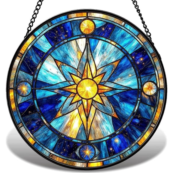 Stained Glass Window Hanging, Celestial Sun Catcher with Moon and Star, Night Sky Window Decor for Home, Round Wall Art Decor Gift for Women, Mom 011 (6.3IN)