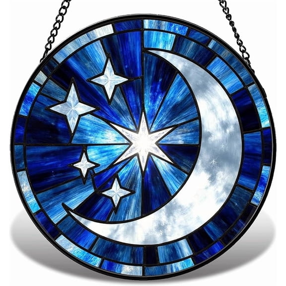 Stained Glass Style Crescent Moon & Stars Suncatcher - Radiant Blue Night Sky Window Hanging - Celestial Decor for Nursery, Bedroom & Home - Magical Gift