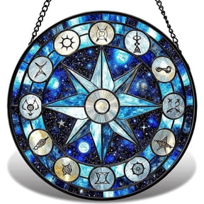 Stained Glass Window Hanging, Celestial Sun Catcher with Moon and Star, Night Sky Window Decor for Home, Round Wall Art Decor Gift for Women, Mom 011 (6.3IN)