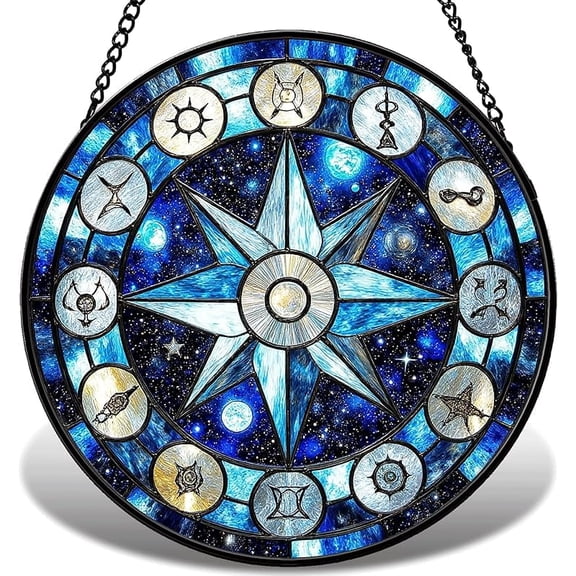 Stained Glass Window Hanging, Celestial Sun Catcher with Moon and Star, Night Sky Window Decor for Home, Round Wall Art Decor Gift for Women, Mom 011 (6.3IN)