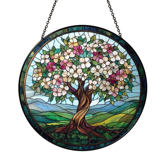 Stained Glass Window Hanging Cherry Blossom Tree Sun Catcher, Blue Background Glass Panel for Window or Wall Home Decor